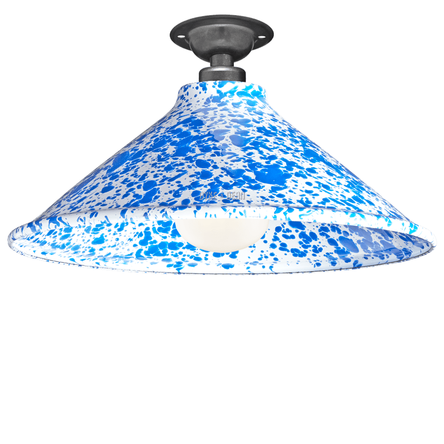 FIXED SPLATTERWARE BLUE ENAMEL CONE SHADE - DYKE & DEAN