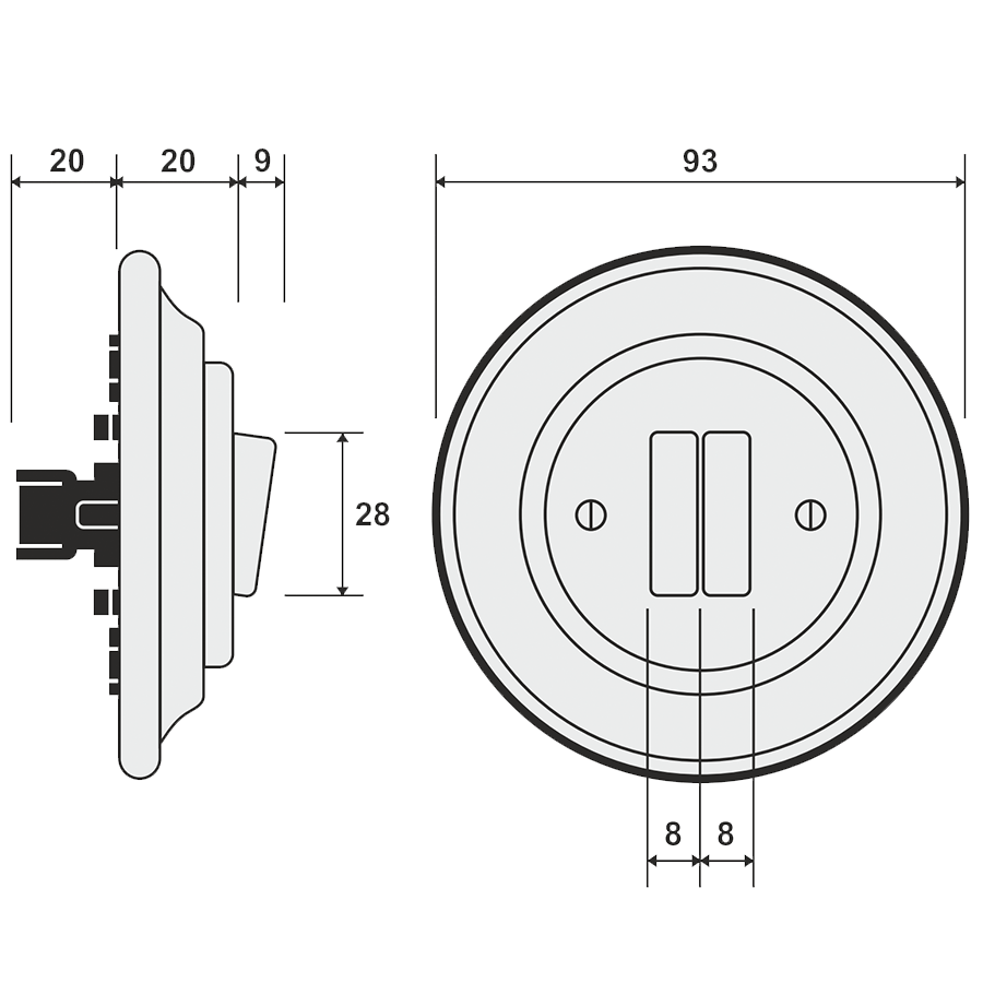 PORCELAIN WALL LIGHT SWITCH ASH GREY DOUBLE - DYKE & DEAN