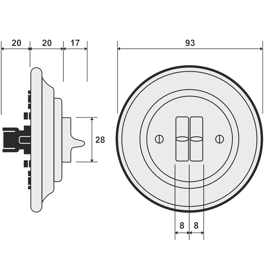 PORCELAIN WALL LIGHT SWITCH GREY 2 TOGGLE - DYKE & DEAN